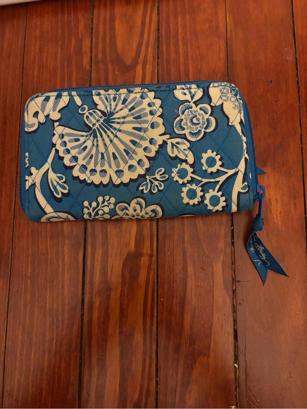 Vera Bradley Blue Floral Quilted Zip Wallet with Ribbon Pull